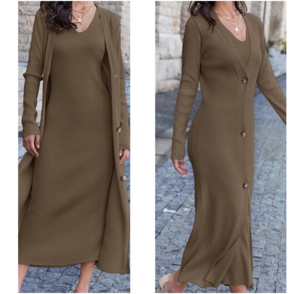 Classic Sleeveless Midi Dress Button Down Long Cardigan Set - Picture 2 of 11